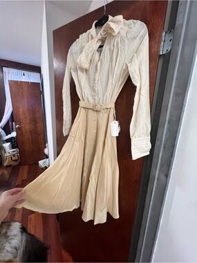 NWT Vintage Designer Thom Dolan - Cream Silky Dress w Belt - Tags $575